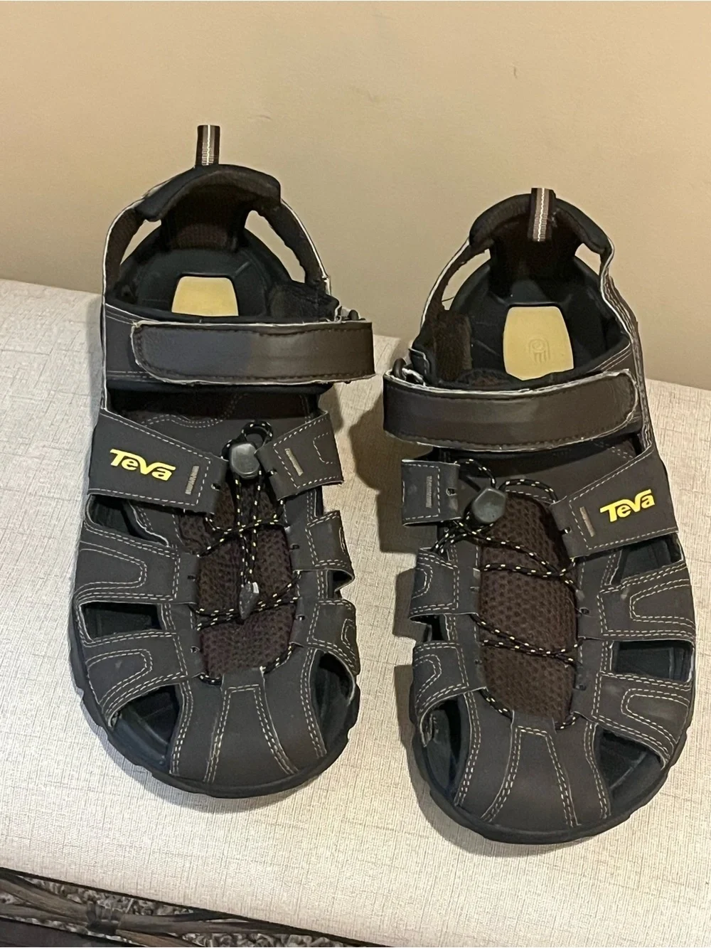 Teva Men's Dark Brown Forbay Hiking Sandals with Yellow Logo, US 13/EU 47